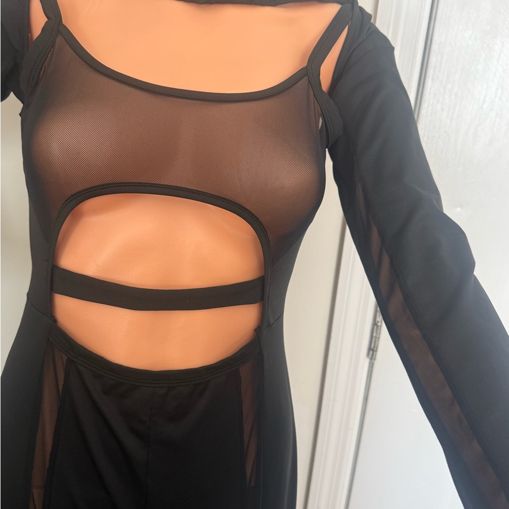 Black Mesh Cutout Long Sleeve Dress